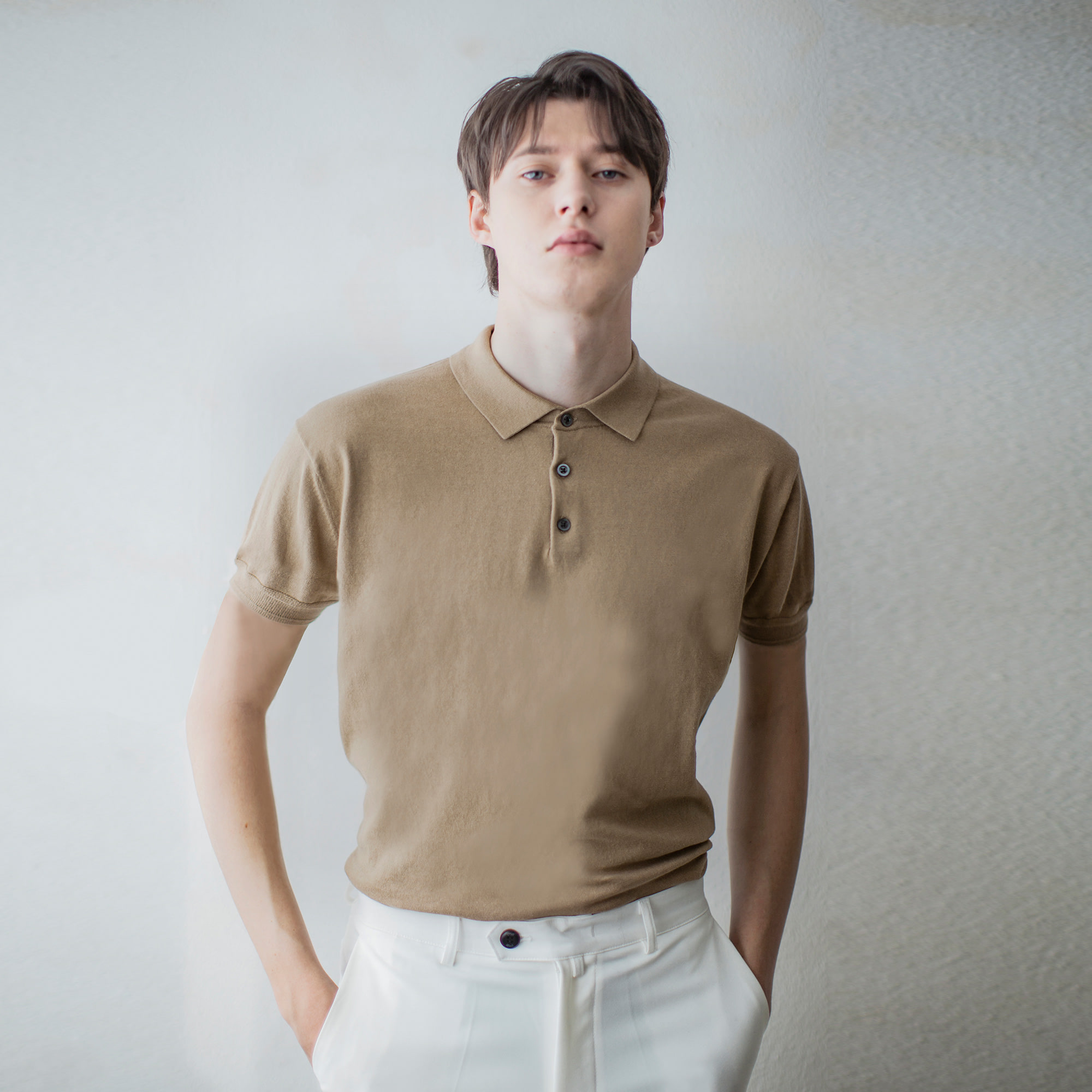 론트 lohnt 000  beige Knit Plain Pattern Button Collar Shirts